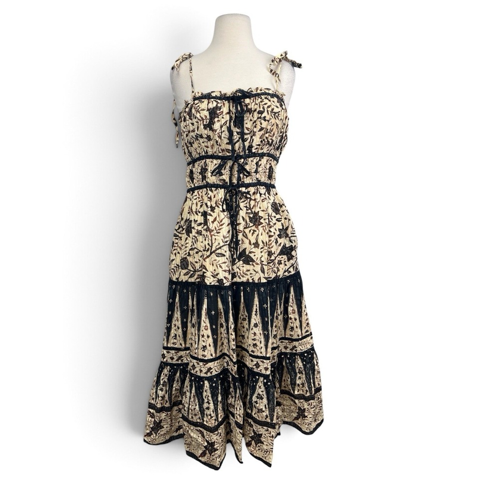 Ulla Johnson Indah Midi Dress Sz 8 Plumeria Floral Brown Tan Black Tiered NWOT